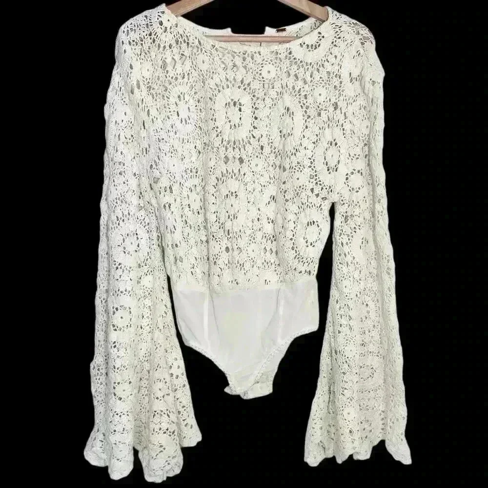 NWOT Free People Desert Daze Boho‎ Bodysuit Crochet | White | SZ XS